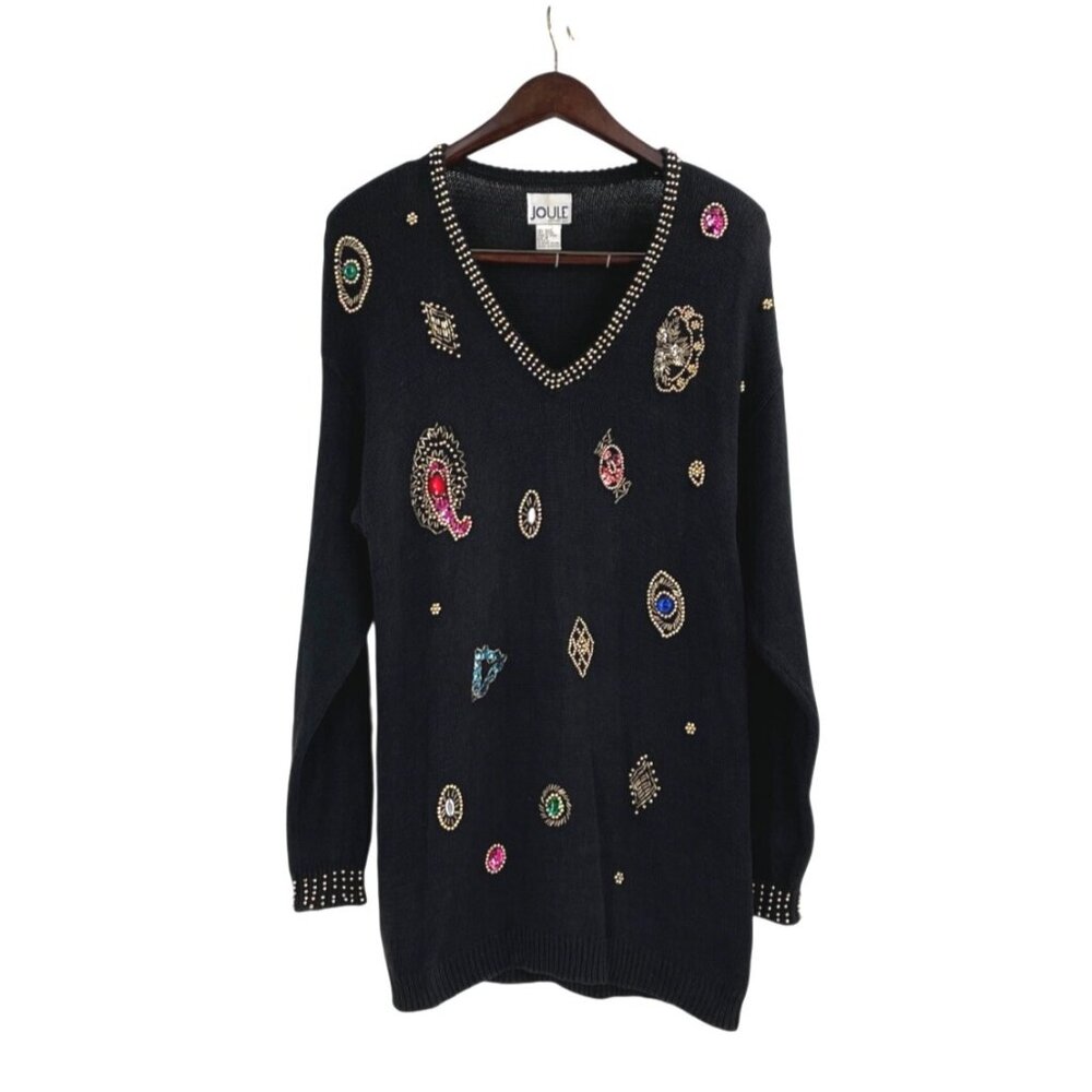 Vintage Joule Energy Womens Medium Embellished Sweater Beaded Black Art to Wear
